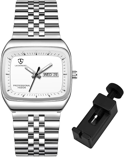 Mens Watch, Luxury Casual Watches for Men, Waterproof Analog Quartz Watch – Men's Stainless Steel Watch with Stylish Rectangular Dial, Luminous Hands, Date & Day Display – Great Gift for Men