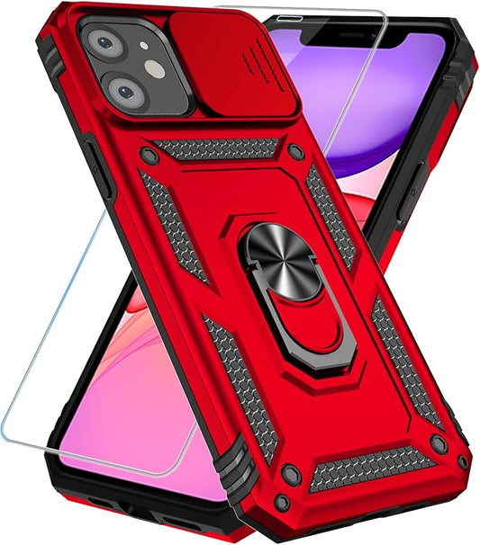 SunStory Phone Case for iPhone 11 Case with HD Screen Protector & Slide Camera Cover & Rotated Ring Kickstand, [Military-Grade] Phone Case for iPhone 11 6.1'', Red